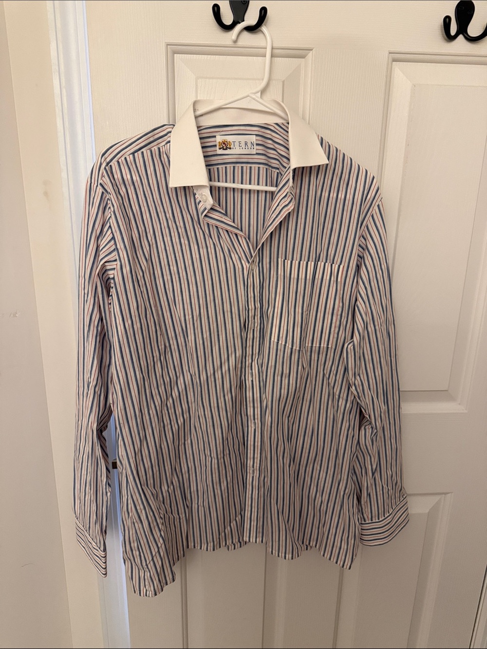 Tern of London Men's White Dress Shirt with Blue and Red Stripes
